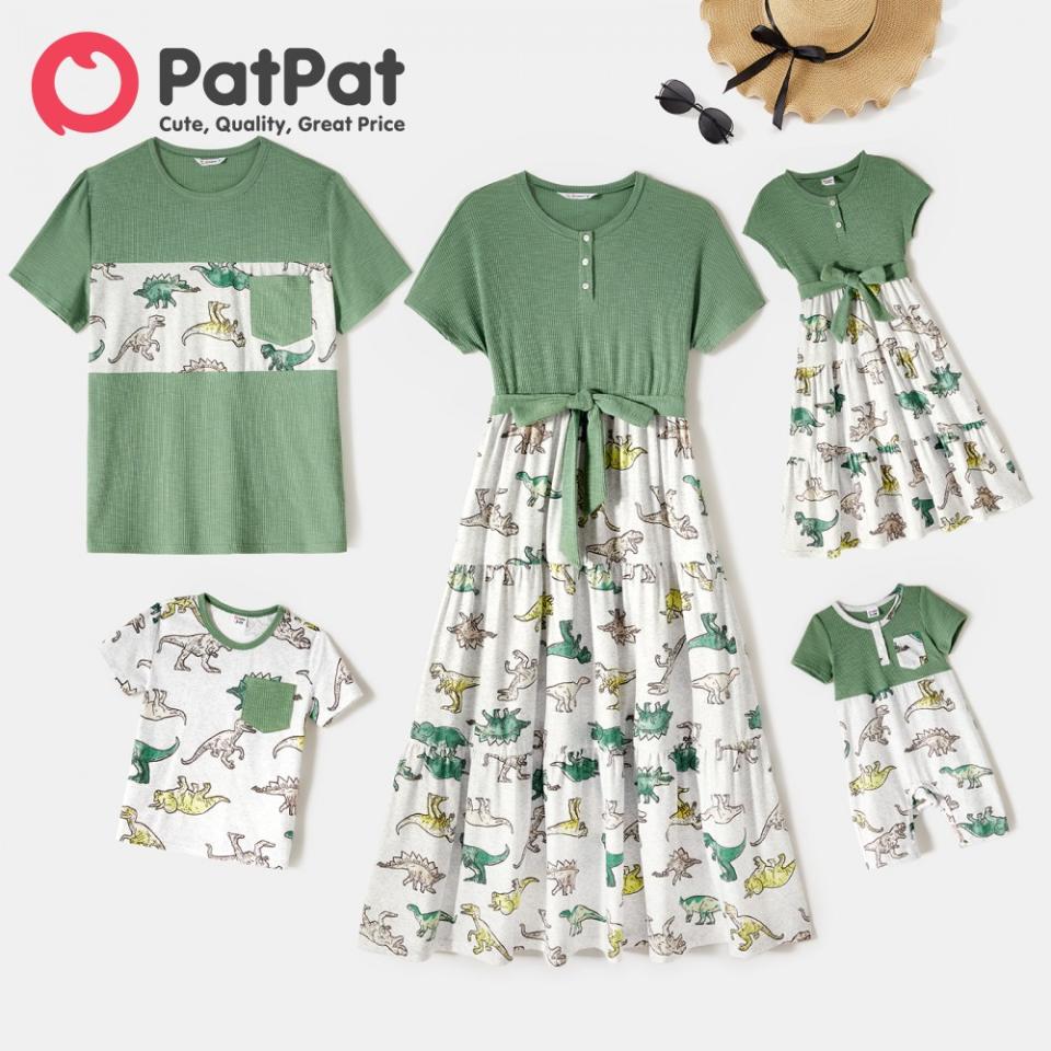 PatPat Family Matching Outfits Green Rib Knit Spliced Allover Dinosaur Print Dresses Short-sleeve T-shirts. (Photo: Lazada SG)