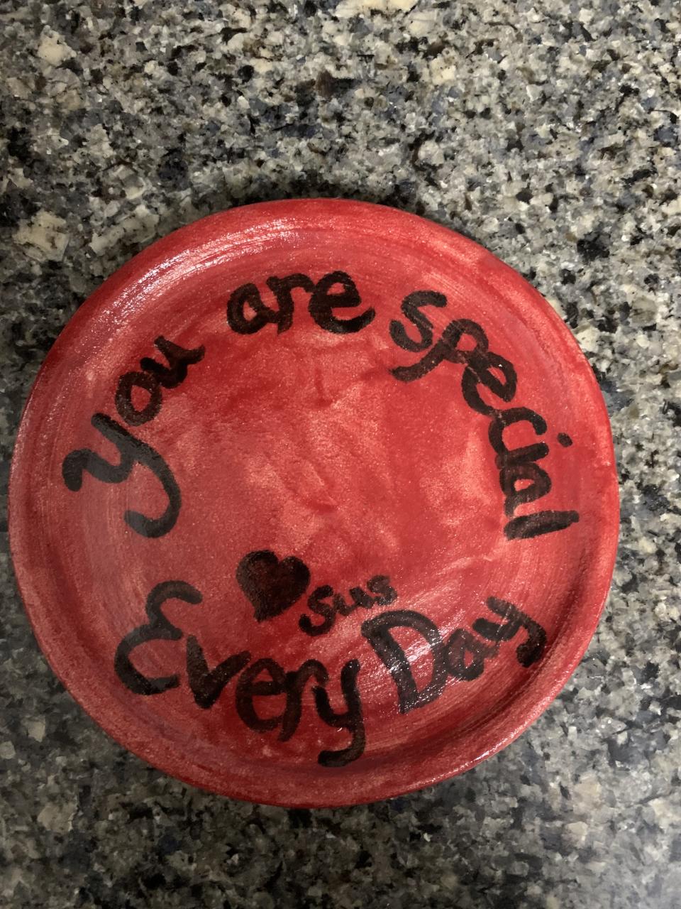 A treasured Valentine plate created by Candace's daughter, Susanne, when she was in middle school.