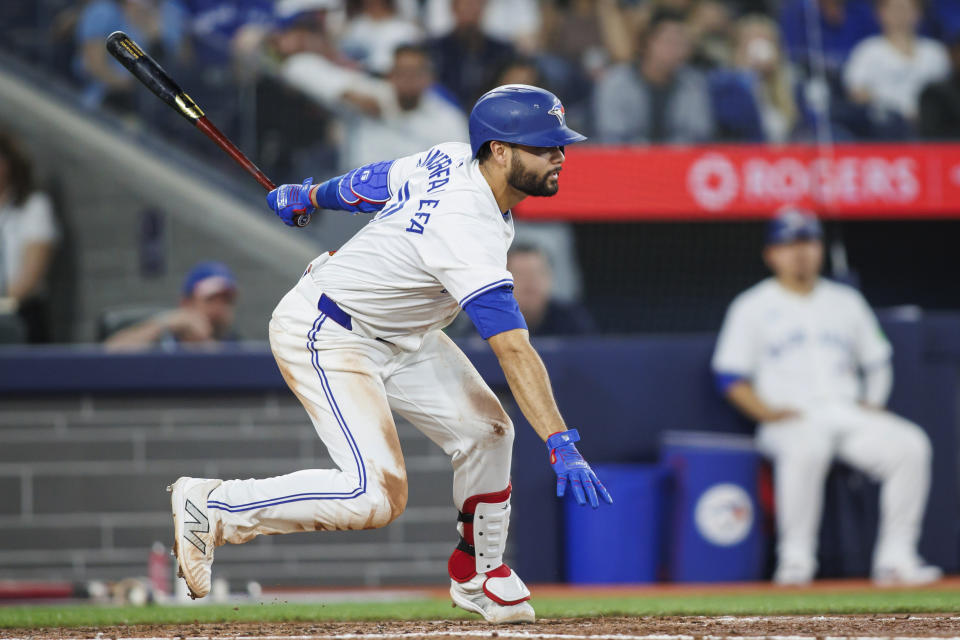Toronto Blue Jays' Isiah Kiner-Falefa (7) strikes out in the seventh inning of the team's baseball game against the Minnesota Twins on Friday, May 10, 2024, in Toronto. (Cole Burtson/The Canadian Press via AP)