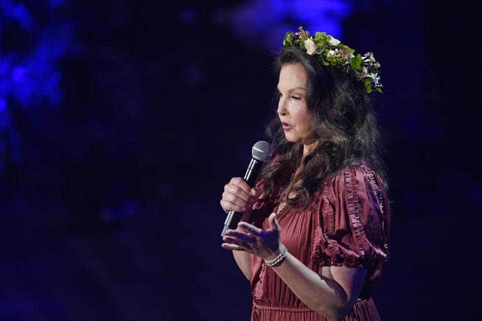 Ashley Judd speaks during a tribute to her mother, country music star Naomi Judd, Sunday, May 15, 2022, in Nashville, Tenn. Naomi Judd died April 30. She was 76. (AP Photo/Mark Humphrey)