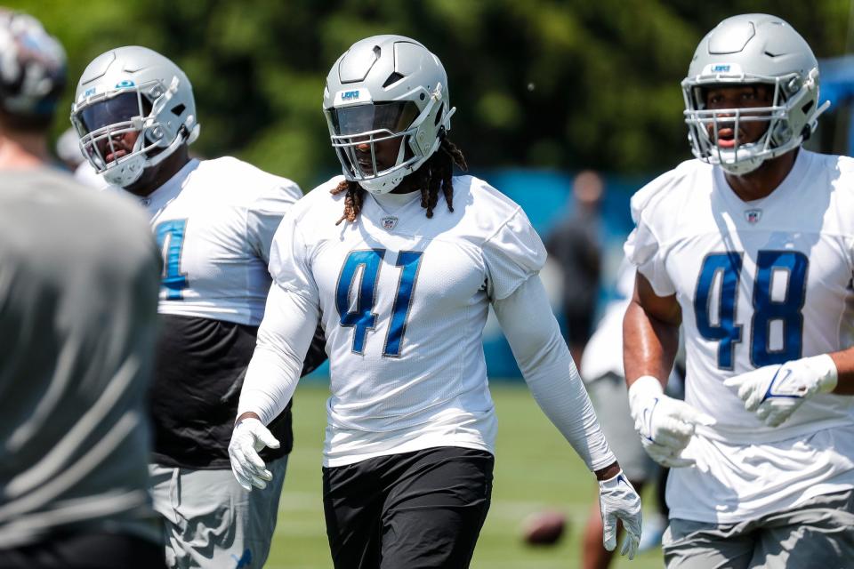 Detroit Lions linebacker James Houston (41) practices during OTAs at Detroit Lions headquarters in Allen Park on Thursday, June 1, 2023.