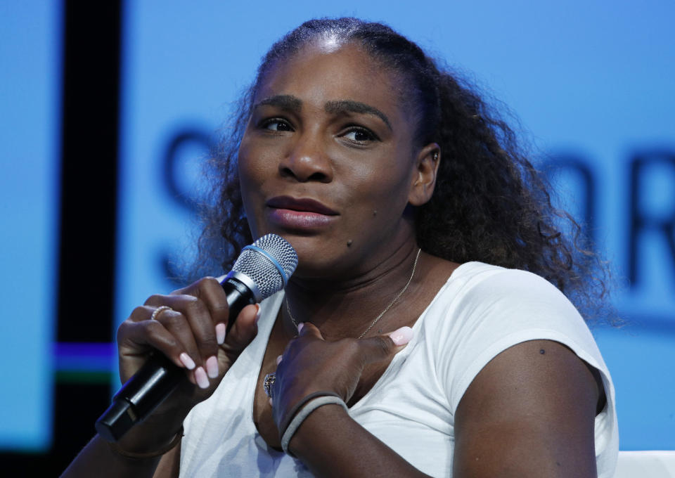 Tennis star Serena Williams speaks at the Shop.org conference Friday, Sept. 14, 2018, in Las Vegas. (AP Photo/John Locher)