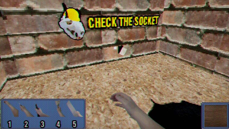 A screenshot of a creepy skull telling the player to fix an electrical socket. 