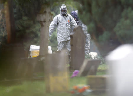 FILE PHOTO: Members of the emergency services help each other to remove their protective suits at the site of the grave of Luidmila Skripal, wife of former Russian inteligence officer Sergei Skripal, at London Road Cemetery in Salisbury, Britain, March 10, 2018. REUTERS/Peter Nicholls/File Photo