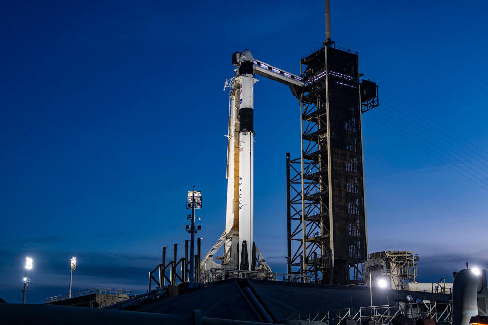 SpaceX is readying a Falcon 9 rocket for a third attempt to send a three-man one-woman crew on a weather-delayed flight to the International Space Station. / Credit: NASA