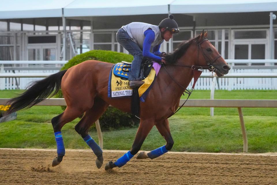 Preakness Stakes contender National Treasure trains Tuesday, May 16, 2023, at Pimlico Race Track in Baltimore.