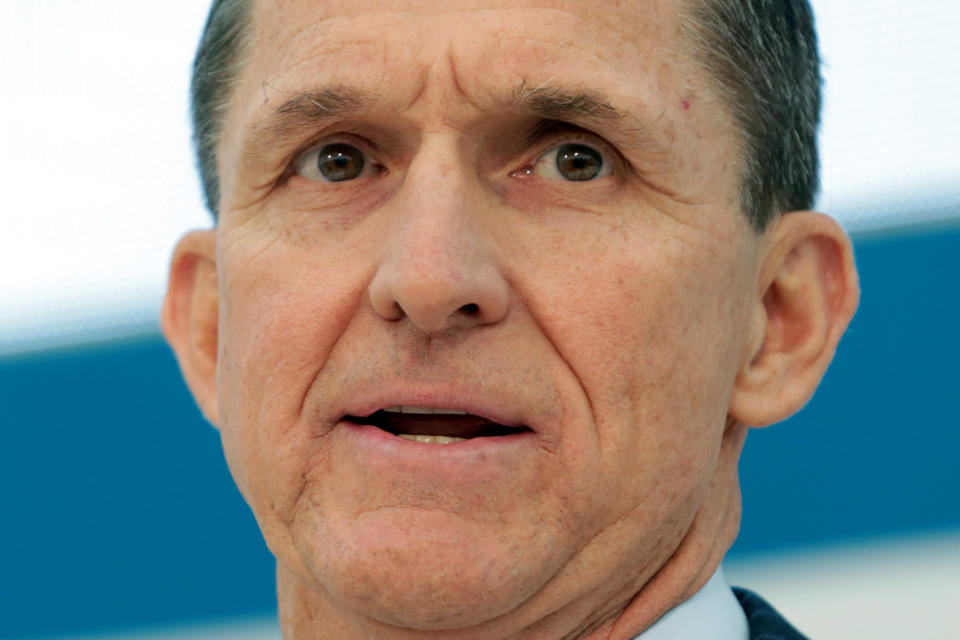 FILE PHOTO - Former Defense Intelligence Agency Director retired Army Lt. Gen. Michael Flynn, incoming White House national security adviser, speaks at the U.S. Institute of Peace "2017 Passing the Baton" conference in Washington, U.S., January 10, 2017. REUTERS/Yuri Gripas/File Photo