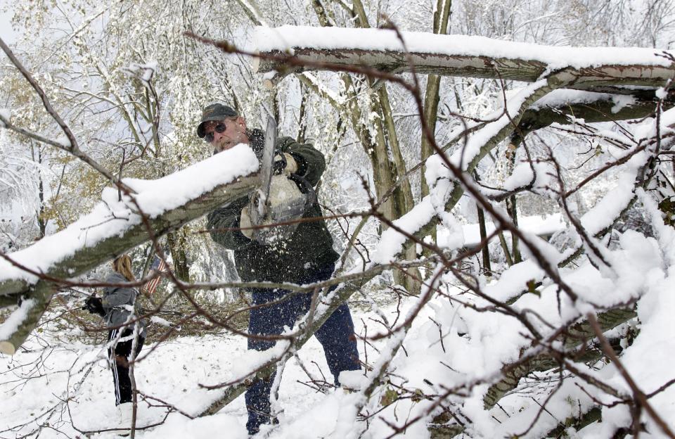 Bob Quakenbush and his daughter Dana Letual clear a fallen tree from his driveway so he can go to work, Thursday, Nov. 8, 2012, in Millstone Township, N.J. The New York-New Jersey region woke up to a layer of wet snow and more power outages after a new storm pushed back efforts to recover from Superstorm Sandy.(AP Photo/Mel Evans)