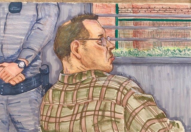 Allan Schoenborn is shown in this artist's sketch attending a British Columbia Review Board hearing in Coquitlam, B.C., in 2020. 