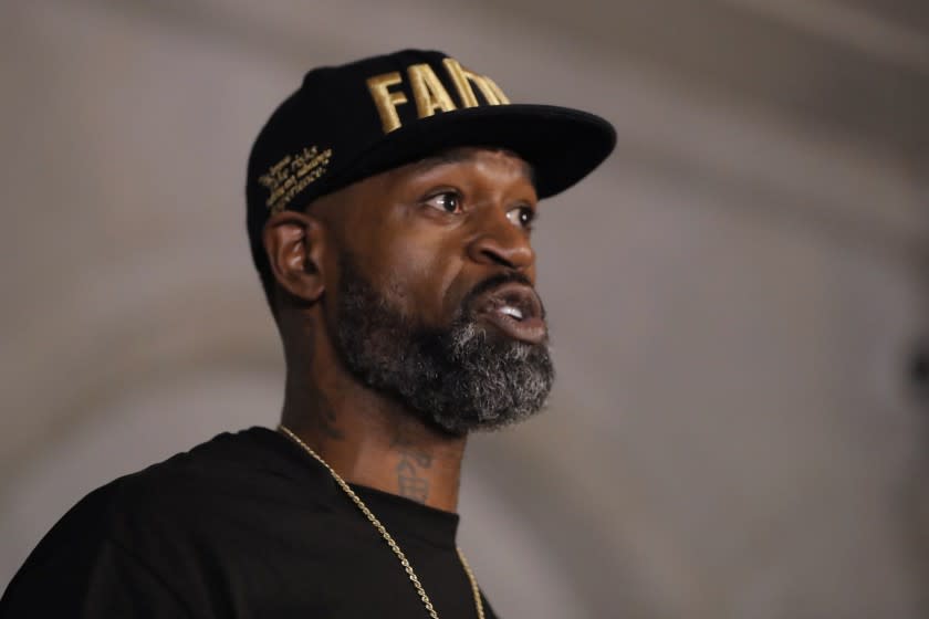 Stephen Jackson a friend of George Floyd speaks during a news conference, Tuesday, June 2, 2020, in Minneapolis, Minn. The city has seen protests against police brutality sparked by the death of George Floyd, a black man who died after being restrained by Minneapolis police officers on May 25. (AP Photo/Julio Cortez)