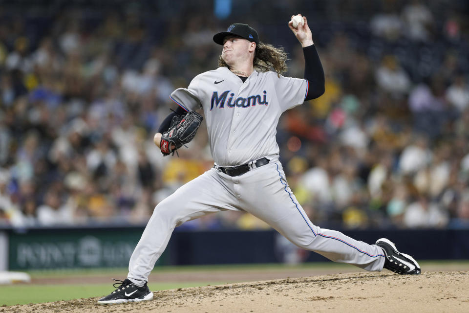 Miami Marlins starting pitcher Ryan Weathers throws to the plate during the third inning of a baseball game against the San Diego Padres, Monday, Aug. 21, 2023, in San Diego. (AP Photo/Brandon Sloter)