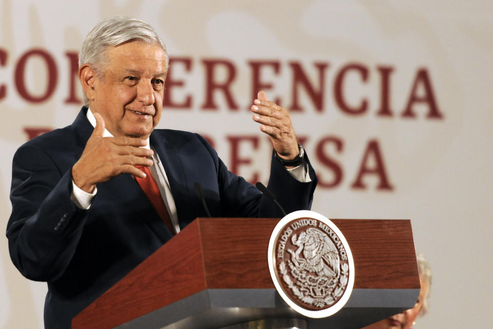 MEXICO CITY, MEXICO - MARCH 25: Andres Manuel Lopez Obrador President of Mexico, speaks during his daily informative session presenting "The Program Support for Food Sovereignty" at the National Palace on March 25, 2020 in Mexico City, Mexico. (Photo by Pedro Gonzalez Castillo/Getty Images)