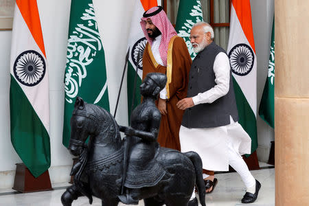 Saudi Arabia's Crown Prince Mohammed bin Salman and India's Prime Minister Narendra Modi arrive ahead of their meeting at Hyderabad House in New Delhi, India, February 20, 2019. REUTERS/Adnan Abidi