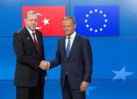 Turkish President Recep Tayyip Erdogan (L) shakes hands with European Council President Donald Tusk (R) in Brussels, Belgium, May 25, 2017. REUTERS/Francois Lenoir/Pool - RTX37KLE