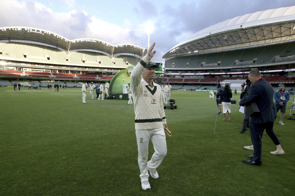 Man of the match Australia's David Warner after their win over Pakistan in their cricket test match in Adelaide, Monday, Dec. 2, 2019. (AP Photo/James Elsby)