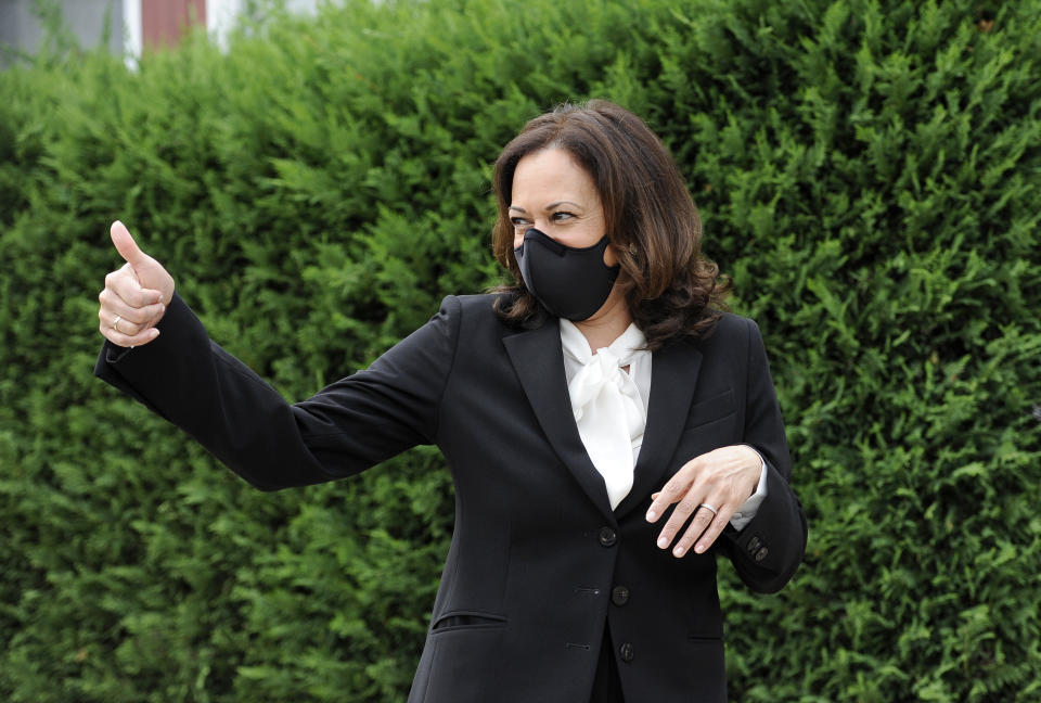 In this Sept. 17, 2020, photo, Democratic vice presidential candidate Sen. Kamala Harris, D-Calif., gives a thumps up during a campaign stop in Philadelphia. Black voters across Michigan will be pivotal in deciding who will win the battleground state in November. But engaging them at a time of immense uncertainty across the nation because of the pandemic and unrest over the effects of systemic racism has been especially challenging. (AP Photo/Michael Perez)