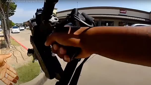 PHOTO: Body-camera video released by the Allen, Texas Police Department of a police officer rushing to the sound of shots fired at an outlet mall, May 6, 2023. (Allen Texas Police Department)