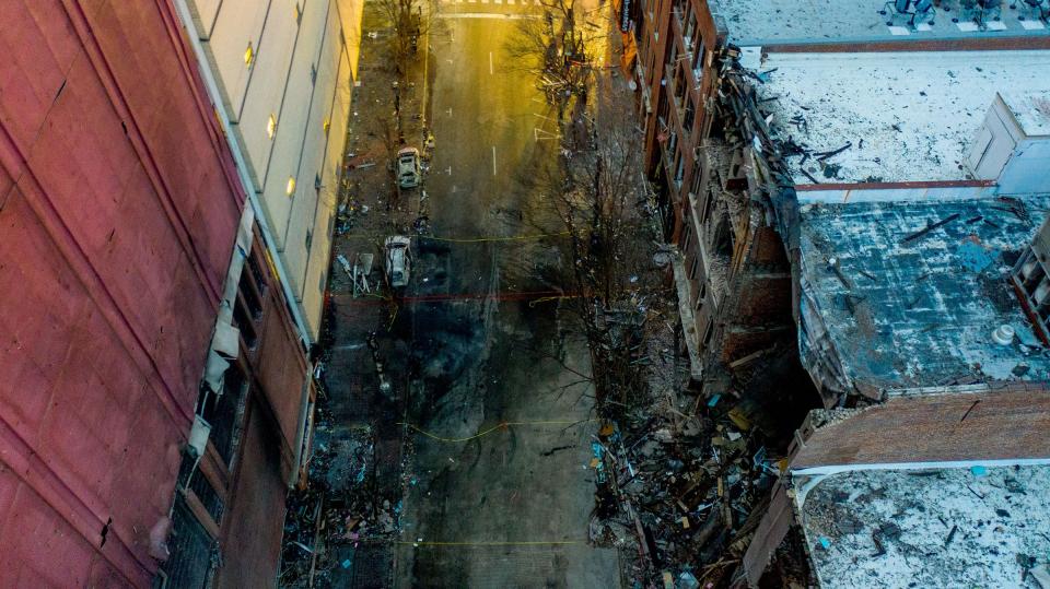 Drone photos from Dec. 30, 2020, show the scope of the damage after a bomb was detonated in Nashville on Christmas Day.