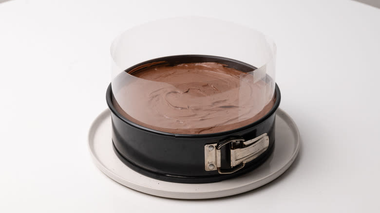 Chocolate mousse cake in tin