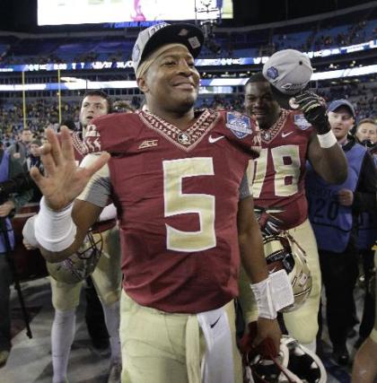 Jameis Winston (5) celebrates after winning the ACC title on Dec. 6. (AP)