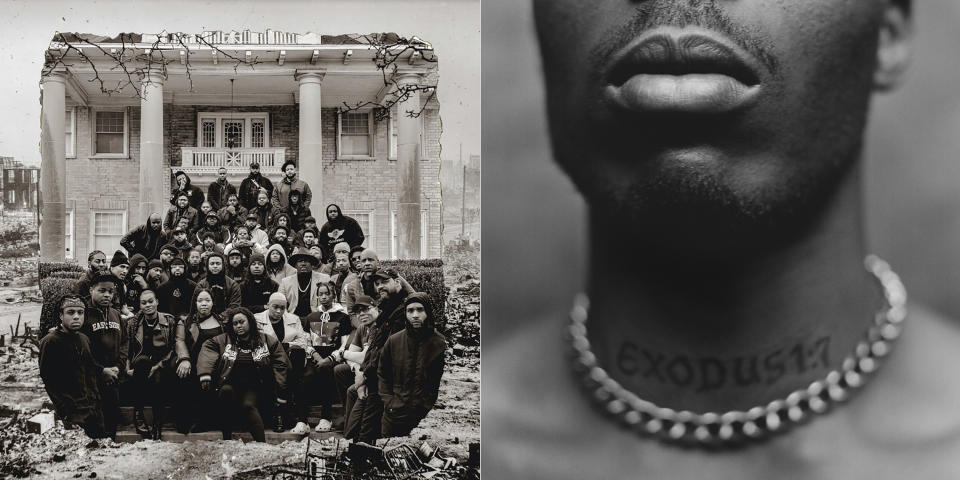 This combination of photos shows cover art for "Fire In Little Africa" by various artist, left, and "Exodus," an album by the late rapper DMX. (Motown Records and Black Forum via AP, left, and Def Jam via AP)