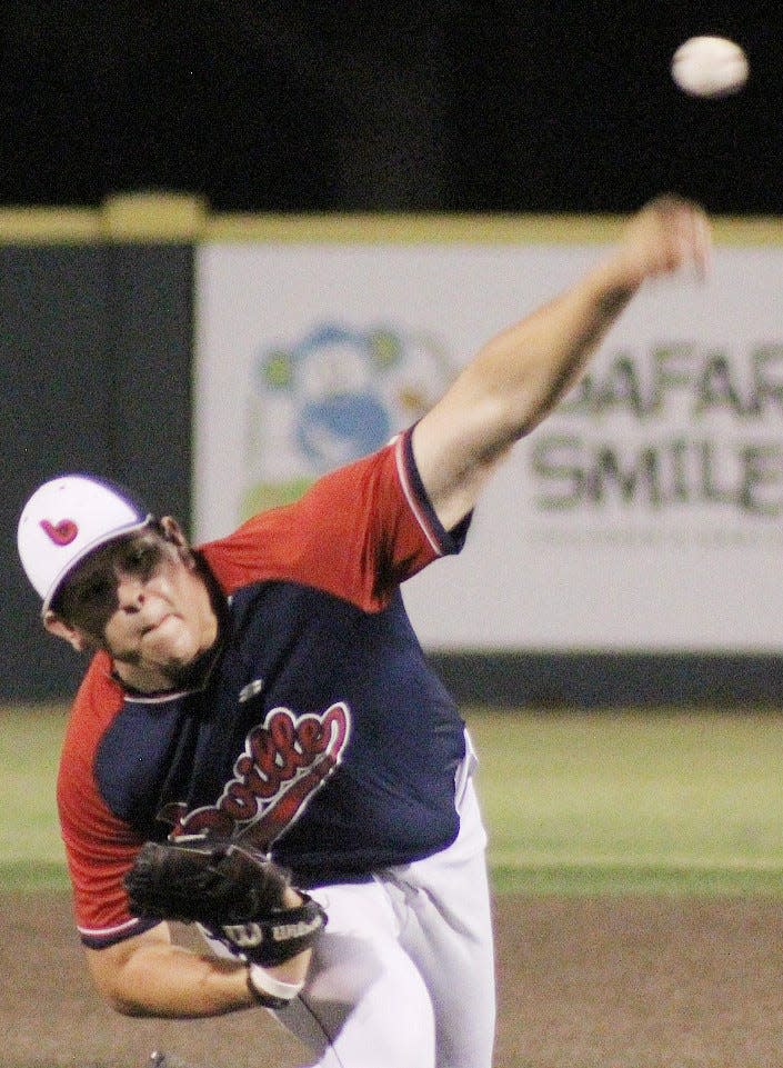 Alan Covvarubias delivers a pitch Friday night for the Bartlesville Doenges Ford Indians.