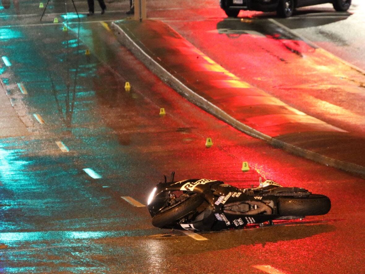 About 40 people die every year due to motorcycle accidents, according to ICBC and the B.C. Coroners Service, including this accident that left one dead in East Vancouver in 2021. (Ryan Stelting - image credit)