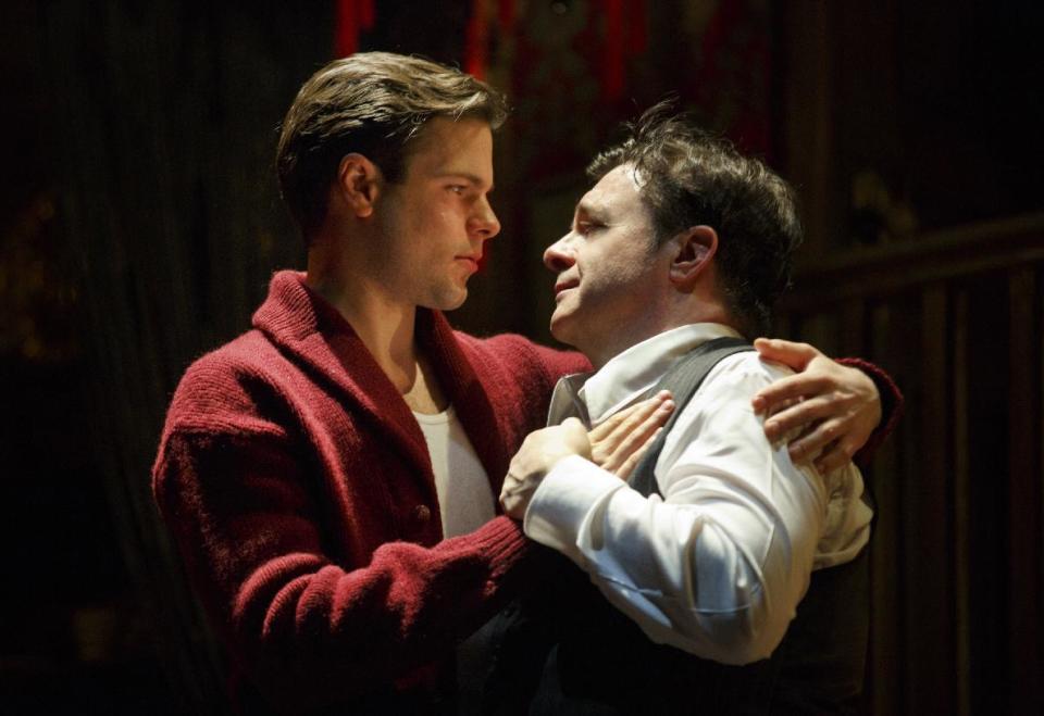 This theater publicity image released by Lincoln Center Theater shows Jonny Orsini, left, and Nathan Lane in "The Nance," performing at the Lyceum Theatre in New York. (AP Photo/Lincoln Center Theater, Joan Marcus)