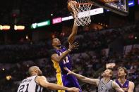 Dwight Howard of the Los Angeles Lakers takes a shot on April 21, 2013. Howard scored 20 points with 15 rebounds but could not stop the Lakers going down 91-79 to San Antonio Spurs