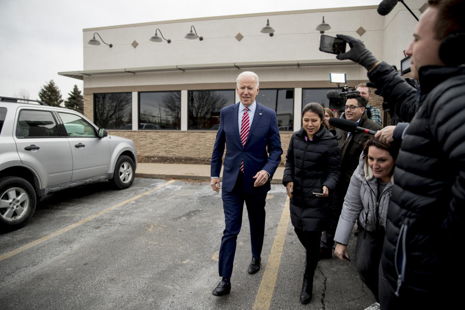 Democratic presidential candidate Joe Biden leaves after eating lunch at Ross' Restaurant, Monday, Jan. 6, 2020, in Bettendorf, Iowa. (AP Photo/Andrew Harnik)