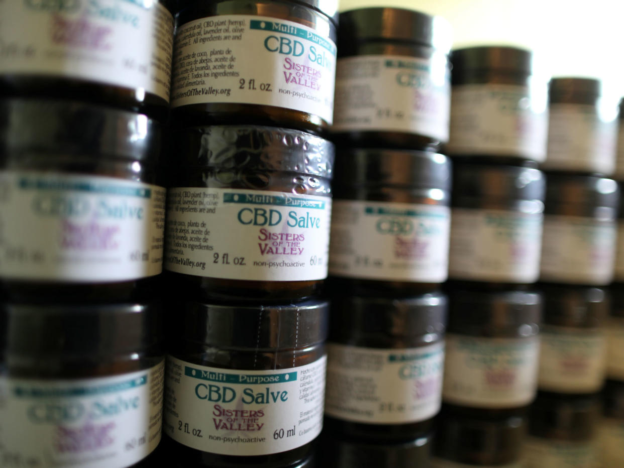 A CBD salve inventory made from hemp is seen stacked in a cupboard near Merced, California, U.S., April 18, 2017: REUTERS/Lucy Nicholson