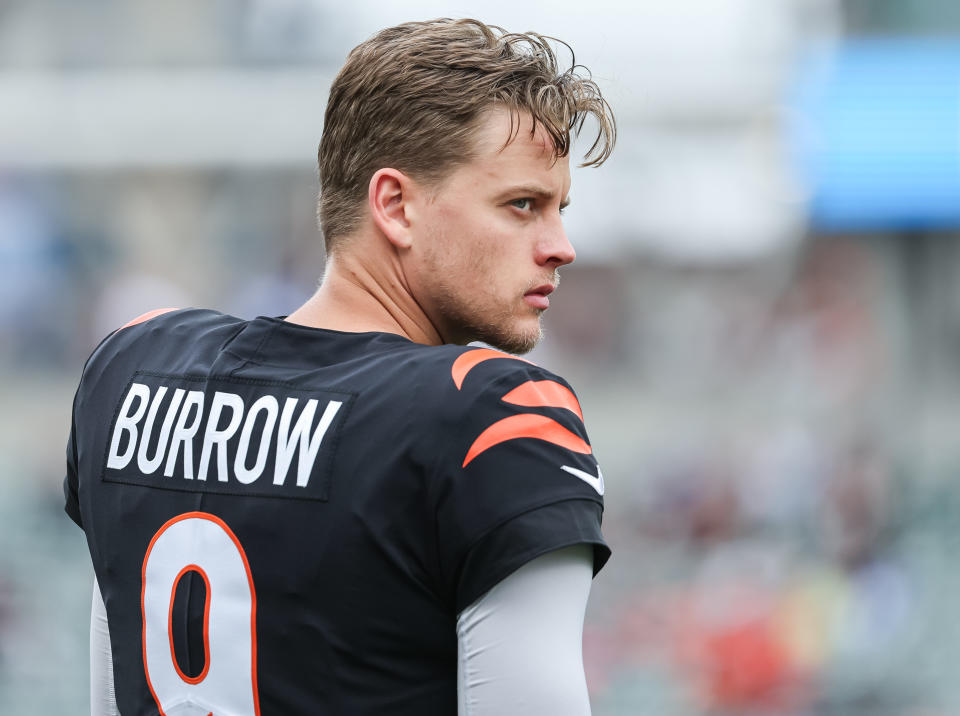 CINCINNATI, OHIO - OCTOBER 15: Joe Burrow #9 of the Cincinnati Bengals is seen before the game against the Seattle Seahawks at Paycor Stadium on October 15, 2023 in Cincinnati, Ohio. (Photo by Michael Hickey/Getty Images)