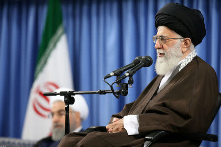 Iran's Supreme Leader Ayatollah Ali Khamenei speaks during a meeting with Iranian officials and ambassadors of Islamic countries, in Tehran, Iran, April 25, 2017. Leader.ir/Handout via REUTERS