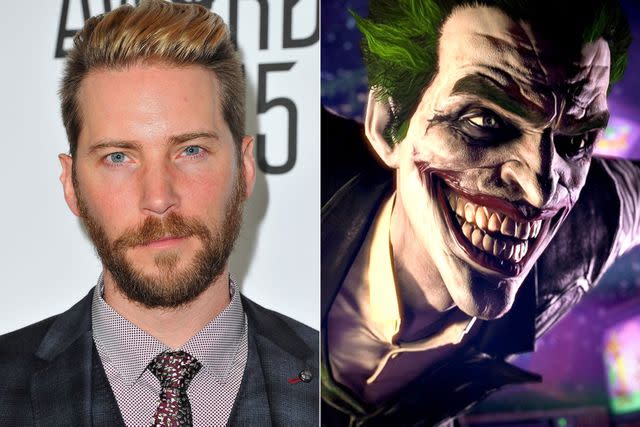 Allen Berezovsky/WireImage; Warner Bros. Troy Baker on the red carpet; Troy Baker voicing the Joker in 'Arkham: Origins,' 2013