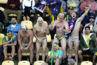 <p>Australia fans show support to their team during men’s water polo preliminary round match against Japan at the 2016 Summer Olympics in Rio de Janeiro, Brazil, Wednesday, Aug. 10, 2016. (AP Photo/Eduardo Verdugo) </p>