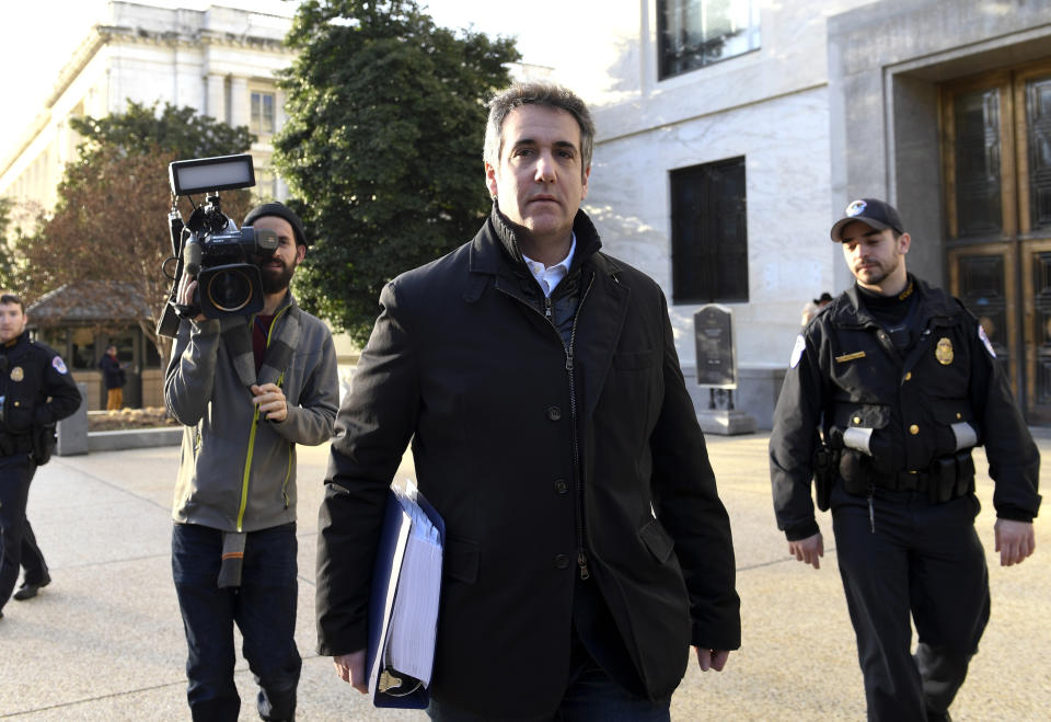 Michael Cohen, President Donald Trump's former personal attorney, leaves Capitol Hill in Washington, Thursday, Feb. 21, 2019. The Senate intelligence committee will interview Cohen behind closed doors on Feb. 26, according to a person familiar with the matter. (AP Photo/Susan Walsh)