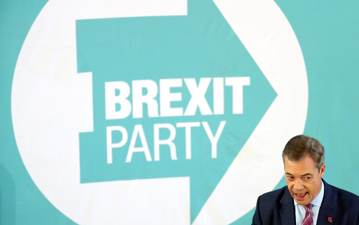 Brexit Party leader Nigel Farage speaks during a general election campaign event in Hartlepool, Britain, November 11, 2019. REUTERS/Scott Heppell