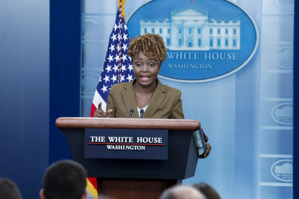 White House Press Secretary Karine Jean-Pierre speaks during the daily news briefing at the James S. Brady Press Briefing Room of the White House on May 8, 2023, in Washington, D.C. Jean-Pierre took questions from reporters on the recent mass shooting in Allen, Texas, and the upcoming debt ceiling talks with congressional leadership. (Photo by Anna Moneymaker/Getty Images)