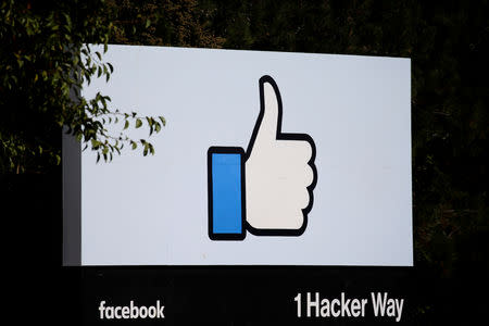 The entrance sign to Facebook headquarters is seen in Menlo Park, California, on Wednesday, October 10, 2018. REUTERS/Elijah Nouvelage/Files