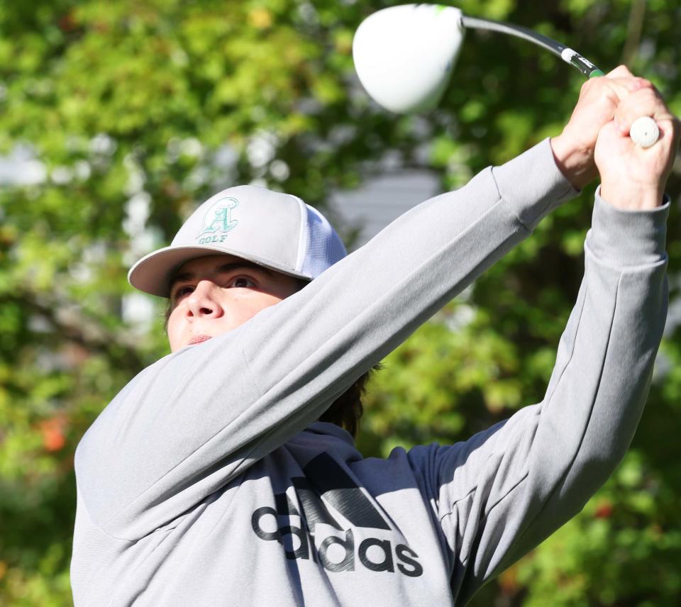 Abington's Hunter Grafton tees-off at the Ridder Farm Golf Course during a match versus East Bridgewater on Thursday, Sept. 29, 2022.