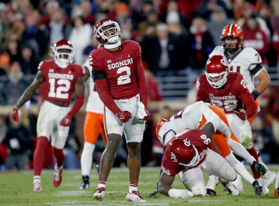 OU linebacker David Ugwoegbu (2) celebrates a defensive stop in the second quarter during the Bedlam college football game between the University of Oklahoma Sooners (OU) and the Oklahoma State University Cowboys (OSU) at Gaylord Family-Oklahoma Memorial Stadium.