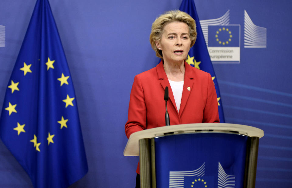 European Commission President Ursula von der Leyen makes a statement regarding teh Withdrawl Agreement at EU headquarters in Brussels, Thursday, Oct. 1, 2020. The European Union took legal action against Britain on Thursday over its plans to pass legislation that would breach parts of the legally binding divorce agreement the two sides reached late last year. (Johanna Geron, Pool via AP)