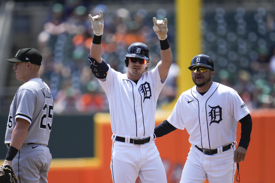 Detroit Tigers' Zach McKinstry reacts after hitting a single against the Chicago White Sox in the first inning of a baseball game, Saturday, May 27, 2023, in Detroit. (AP Photo/Paul Sancya)