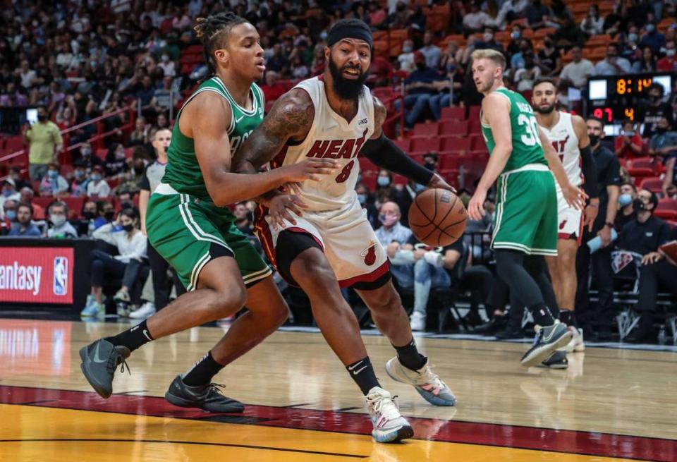 Miami Heat forward Markieff Morris (8) drives to the basket in the fourth quarter at FTX Arena in Miami on Friday, October 15, 2021.