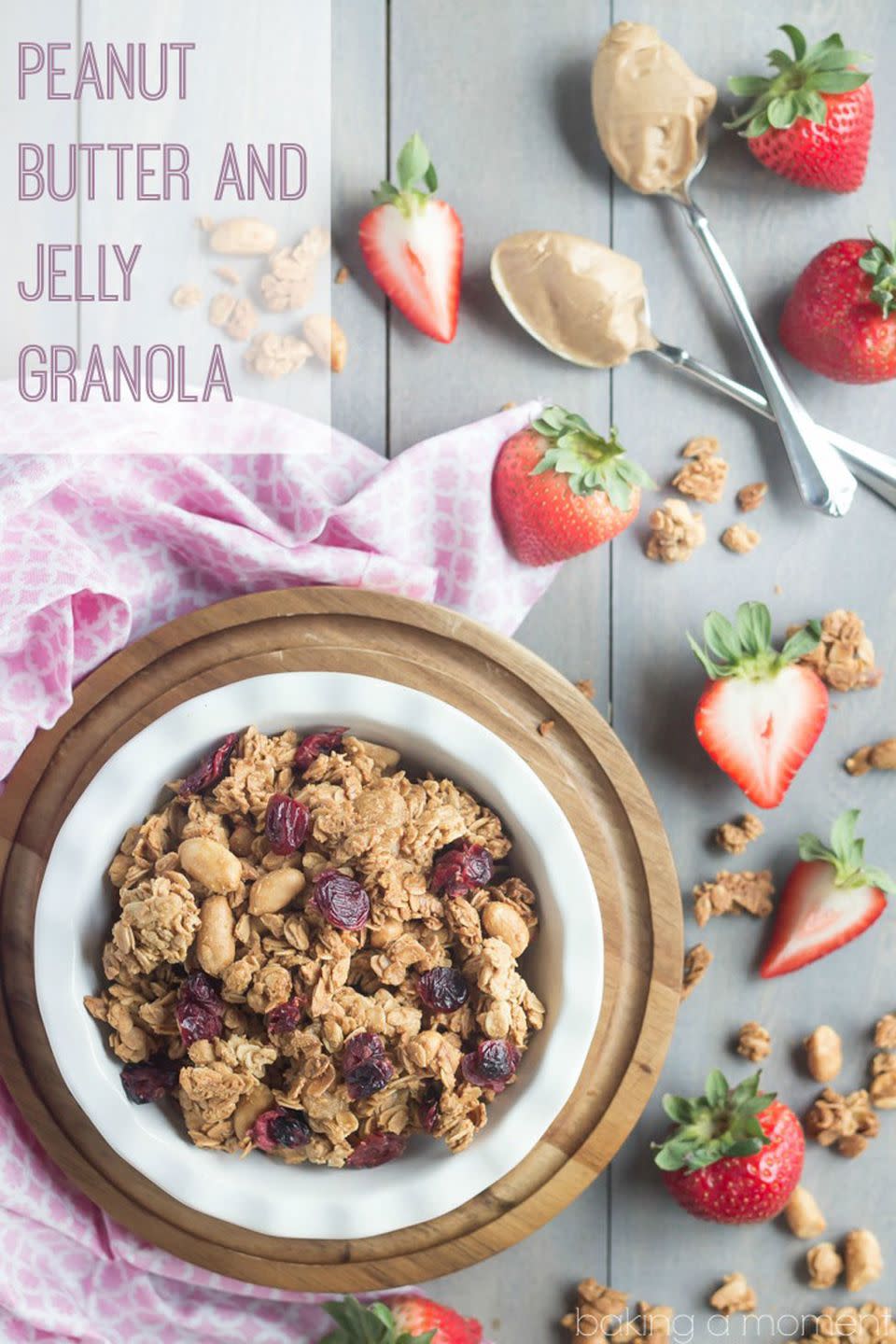 <p>Use blogger Allie Roomberg's healthy granola recipe for a sweet breakfast that won't make you feel <em>too</em> guilty. </p><p><strong>Get the recipe at <a rel="nofollow noopener" href="http://bakingamoment.com/peanut-butter-and-jelly-granola/" target="_blank" data-ylk="slk:Baking a Moment;elm:context_link;itc:0;sec:content-canvas" class="link ">Baking a Moment</a>.</strong></p>