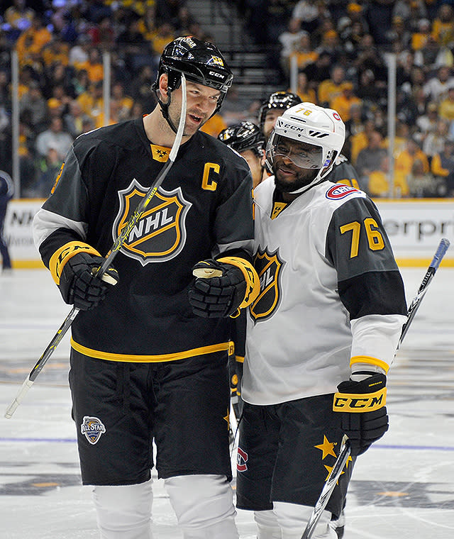 <p>BEST: The 2016 NHL All-Star Game in Nashville was a hit, in large part due to the presence of MVP-winning enforcer John Scott. The tough guy is chatting with P.K. Subban, who was still with the Montreal Canadiens at the time. Little did Subban know that Nashville would soon be his new NHL home. (Getty Images) </p>