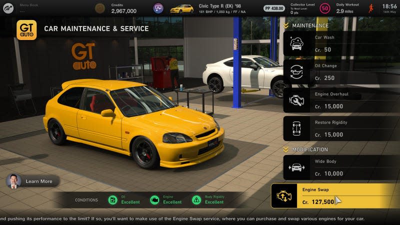 A screenshot of the engine swap option in GT Auto in Gran Turismo 7.