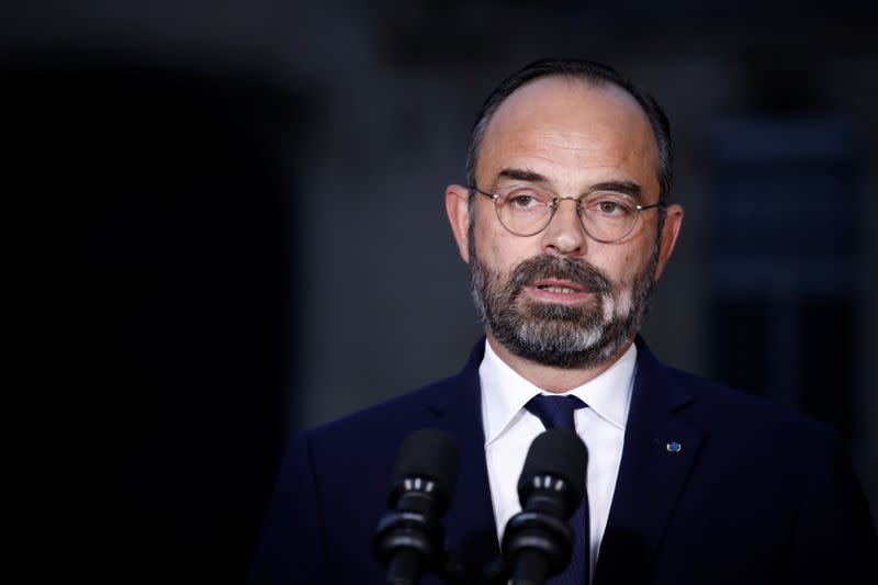 French Prime Minister Edouard Philippe delivers a statement about the pensions reform plan at the Hotel Matignon in Paris