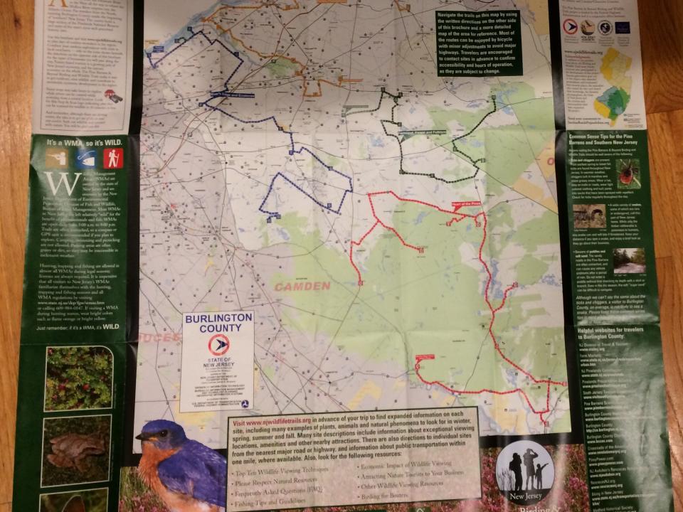 A detailed Pinelands/Burlington County birding map, which is part of a birding brochure produced by the state.