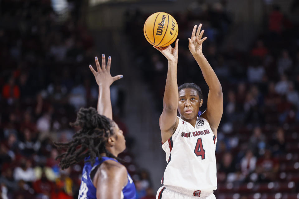 South Carolina forward Aliyah Boston (4) shoots against Hampton during the second quarter of an NCAA college basketball game in Columbia, S.C., Sunday, Nov. 27, 2022. (AP Photo/Nell Redmond)